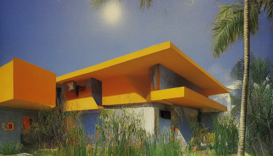 Prompt: 1 9 9 8 brazilian house designed by arthur bispo do rosario, jules bastien - lepage, tarsila do amaral, frank weston and gustave baumann, trending on artstation, mediterranean, brutalism, sharp focus, colorful refracted sparkles, star lines, soft light, 8 k