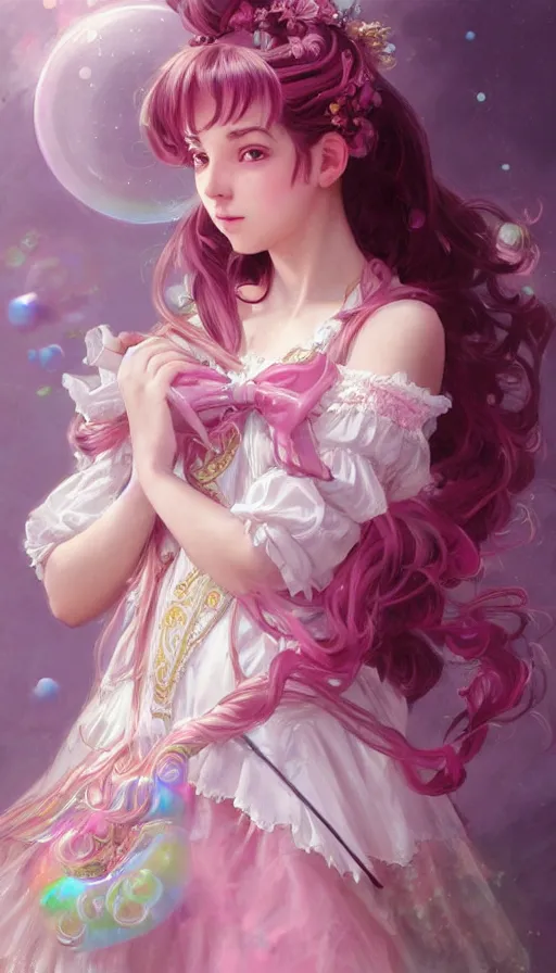 Image similar to portrait of magical lolita girl, dreamy and ethereal, expressive pose, pink eyes, peaceful expression, ornate frilly dress, fantasy, intricate, elegant, many rainbow bubbles, highly detailed, digital painting, artstation, concept art, smooth, sharp focus, illustration, art by artgerm and greg rutkowski and alphonse mucha