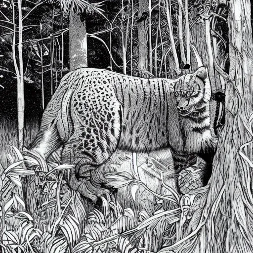 Prompt: ”big cat in beautiful forest, moebius style”