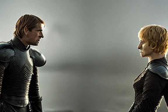 Image similar to very very intricate photorealistic photo of jaime lannister fighting cersei, photo is in focus with detailed atmospheric lighting, award - winning details