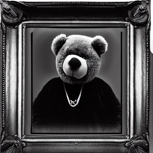 Prompt: a ( ( chiaroscuro lighting portrait ) ) of kanye west dressed as teddy bear mascot, ( ( black background ) ), portrait by julia margaret cameron, shallow depth of field, 8 0 mm, f 1. 8