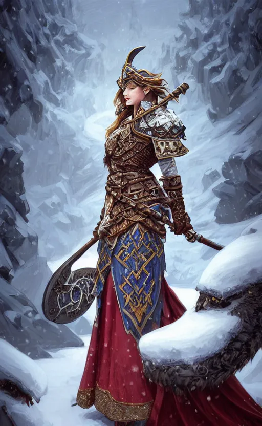 Image similar to azure viking warrior, regal, elegant, winter, snow, beautiful, stunning, hd, illustration, epic, d & d, fantasy, intricate, elegant, highly detailed, wide angle, digital painting, artstation, concept art, smooth, sharp focus, illustration, wallpaper, art by artgerm and greg rutkowski and alphonse mucha and jin xiaodi