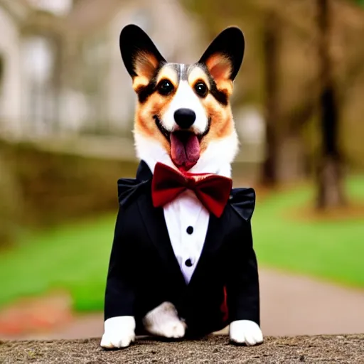 Image similar to corgi wearing a black tuxedo and a red tie