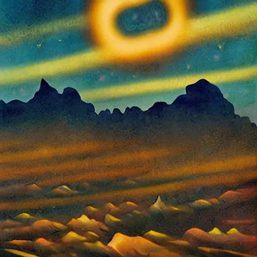 Image similar to mountains of light under a bright cloudy sky, overexposed retro science fiction vintage art