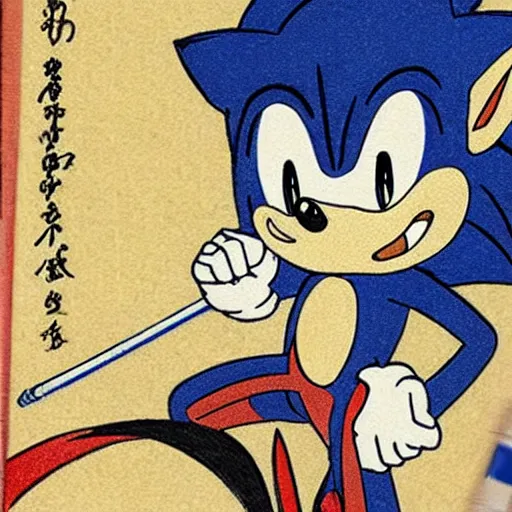 Prompt: sonic the hedgehog drawn by hokusai, ukiyo-e, iconic masterpiece, golden ratio, 4K scan, breathtaking use of color