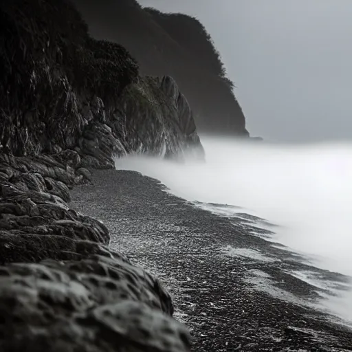 Prompt: a scene from a fever dream!! In 1st person!! Bicycling on a rocky path entering the scary murky ocean!! Fog! Ultra realistic! 25mm f/1.7 ASPH Lens!