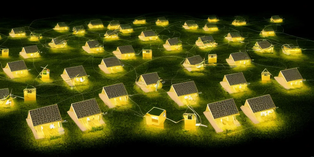 Prompt: connected ecovillage houses with solrarrofs, very bee and cow is flying around - plant goddess high quality photo, microchip, artificial intelligence, bio - mechanical bio - luminescence, black wired cables, neurons, nerve cells, cinematic, rim light, photo - realistic, elegant, high detail, 8 k, in the style of man ray