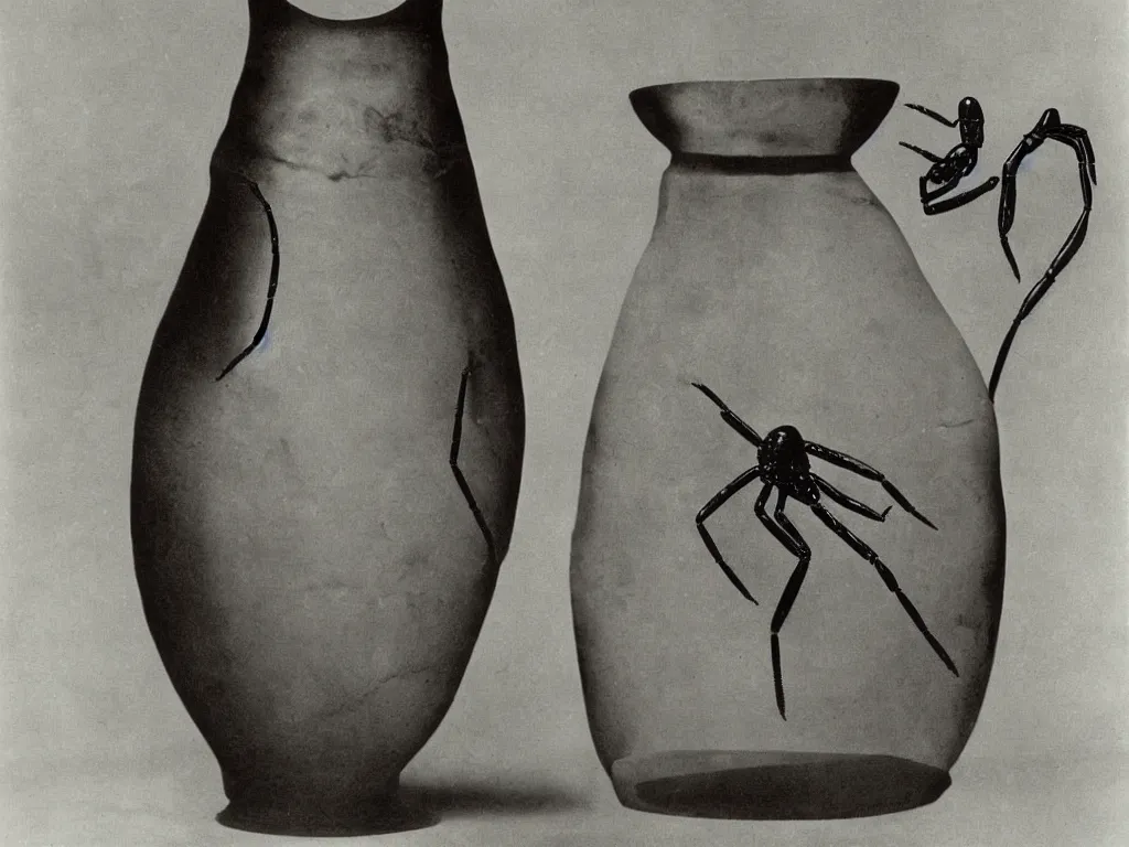 Image similar to gothic vase, pot, jug in the shape of black widow spider. karl blossfeldt, salvador dali