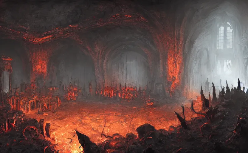 Image similar to a detailed matte painting of one of hells most infamous torture chambers, in the 8 th layer of hell, in the style of doom eternal and dark souls, unreal engine, trending on cgsociety, highly detailed, digital painting, concept art, 4 k wallpaper