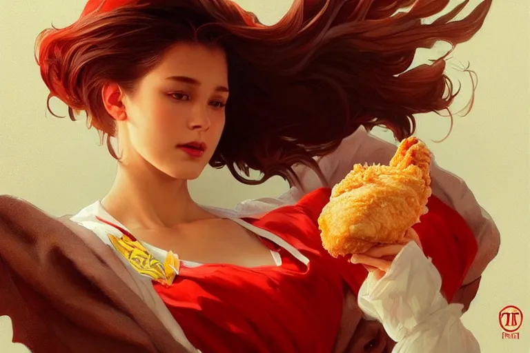 Image similar to kfc chicken, portrait, elegant, intricate, digital painting, artstation, concept art, smooth, sharp focus, illustration, art by artgerm and greg rutkowski and alphonse mucha