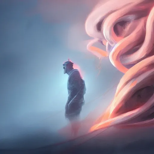 Image similar to side view of a man made of swirling smoke and tendrils of fog, sunset colors, cinematic, highly detailed, digital painting, artstation, concept art, smooth, sharp focus, illustration