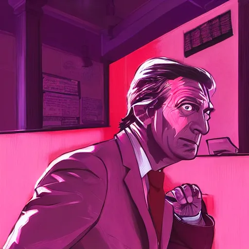 Prompt: Thomas Jane, illustration of Saul Goodman wearing a pink suit defending his client in a courtroom, art by Ilya Kuvshinov, highly detailed, anime key visual, neon glow, epic landscape, HD digital art, artstation