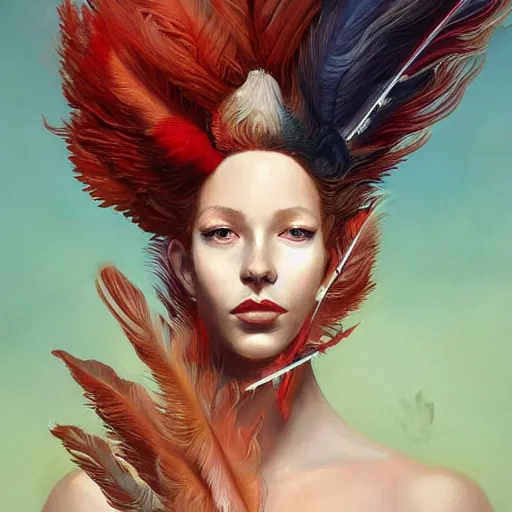 Image similar to a painting of a woman who made of curly white feathers which with red edges is holding a sword, a digital painting by peter mohrbacher, trending on artstation, metaphysical painting, speedpainting, made of feathers, digital painting, holographic undertones, highly saturated colors, 4 k, digital art, concept art, trending on artstation