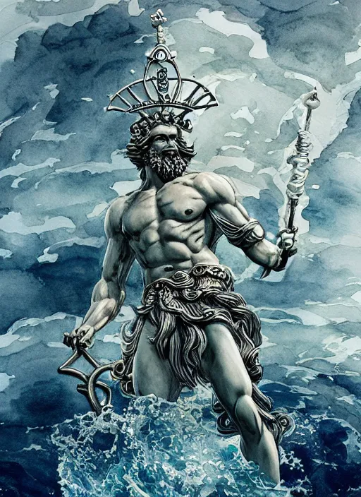 Image similar to Poseidon, the king of sea, with crown and trident rising from the ocean, watercolor, dramatic lighting, cinematic, establishing shot, extremly high detail, foto realistic, cinematic lighting, pen and ink, intricate line drawings, by Yoshitaka Amano, Ruan Jia, Kentaro Miura, Artgerm, post processed, artstation, matte painting, style by eddie mendoza, raphael lacoste, alex ross