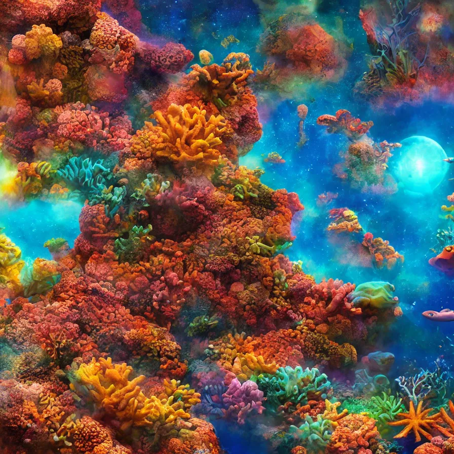 Prompt: album art of an alien planet made out of different coloured corals, with big starfish, creatures, rocky landscape, floating waterfalls, omni magazine, cinematic lighting, detailed