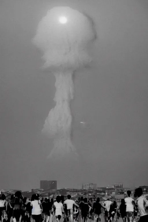 Image similar to a crowd of people running away in lisbon as a nuclear mushroom cloud flashes above the skyline