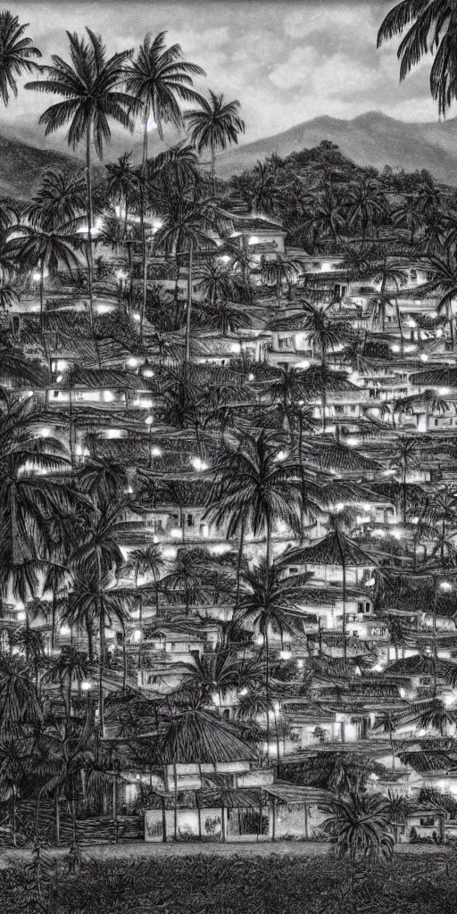 Prompt: quindio landscape at night with wax palms and small typical houses, drawed by kentaro miura, 4 k, hq scan, black & white