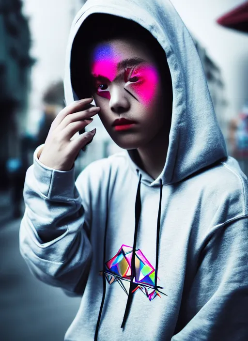 Prompt: hoodie, street wear, toyko, intricate, elegant, highly detailed, prism highlights, lut, cgsociety, street photography, smooth, sharp focus, telephoto, synth wave