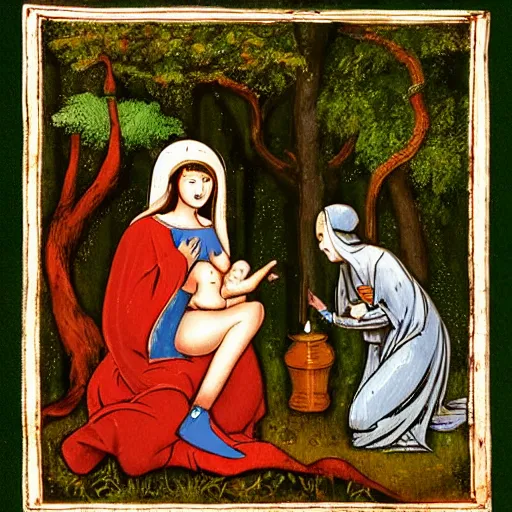 Image similar to “ sensual medieval nurse treating young goddess in a magical forest, artwork, fantasy ”