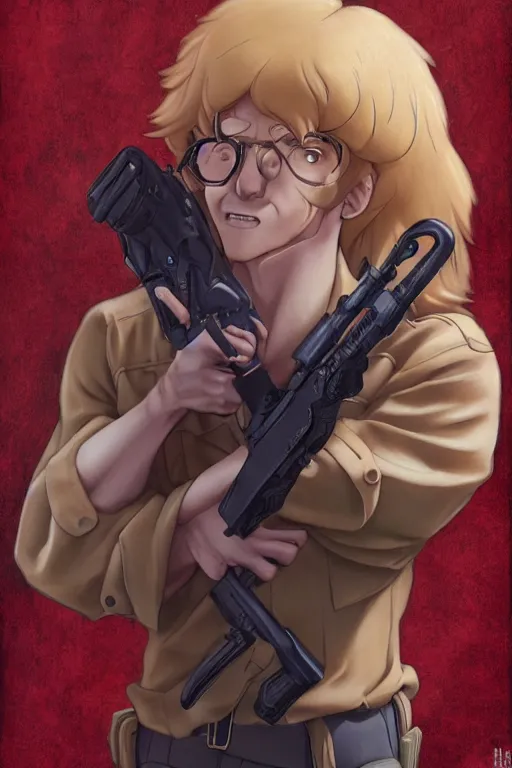 Image similar to scooby doo holding a gun, character art portrait, anime key visual, official media, illustrated by tom bagshaw, wlop, kentaro miura, extremely detailed, 8 k, trending on artstation, cinematic lighting, beautiful