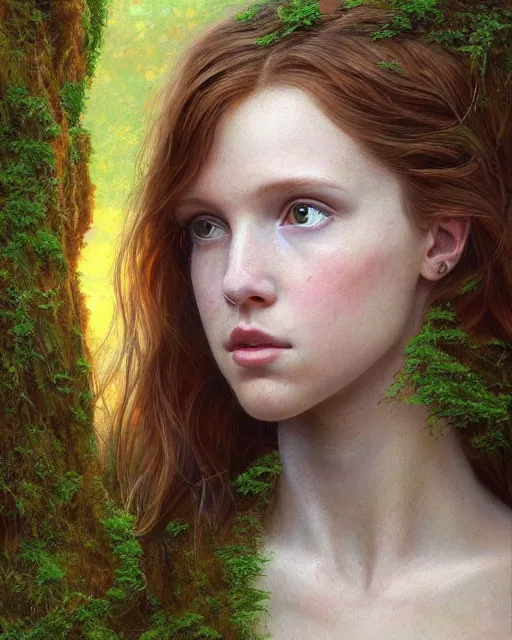 Image similar to a well - lit, realistic close - up portrait painting of a thoughtful girl resembling a young, shy, redheaded irish alicia vikander or millie bobby brown in moss - covered ancient stone ruins at sunset, highly detailed, intricate, concept art, artstation, by donato giancola, ron cobb, and artgerm