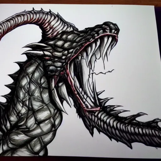 Prompt: the great wyrm breathing fire at a city, hyperrealistic drawing
