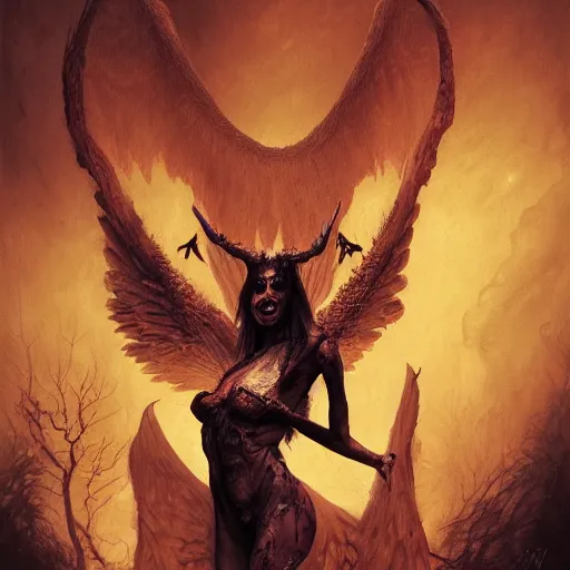 Prompt: Juh Jee Juh Boo Boo Female Demon standing with her wings outstretched and a demon-faced merkin by Waldemar Schuur, Necrotic, fullbody, psychedelic, intricate, horror, highly detailed, artstation, concept art, smooth, sharp focus, illustration, art by greg rutkowski and orientalism and bouguereau and Zdzislaw Beksinski, good clear quality, lighting, horror, evil, biology, symmetrical artwork, perfect face, 135 mm, cinematic, hyper realism, high detail, octane render, 8k, chrome accents