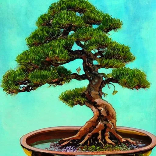 Prompt: a beautiful painting of a bonsai tree, standing next to a small pond