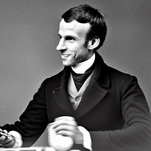 Image similar to emmanuel macron as a president of france eating a french baguette, 1 8 5 0 s style