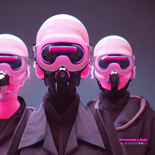 Image similar to intense futuristic bespoke vr headset respirator on a set of twin ninja hypebeasts, by ilya kuvshinov and james jean and sorayama and ikeuchi and hiroya oku and gilleard james, artstation trending, 8 k, 3 d render, photorealistic, volumetric lighting caustics, pink