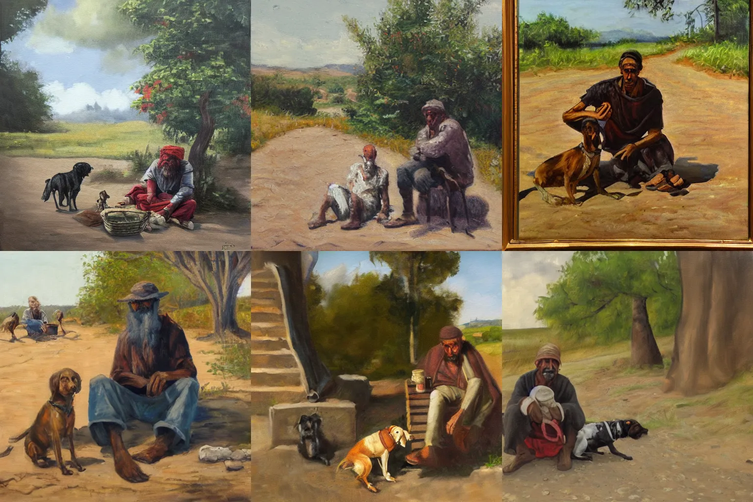 Prompt: oil painting of the beggar and his dog sitting outside of varrok west bank