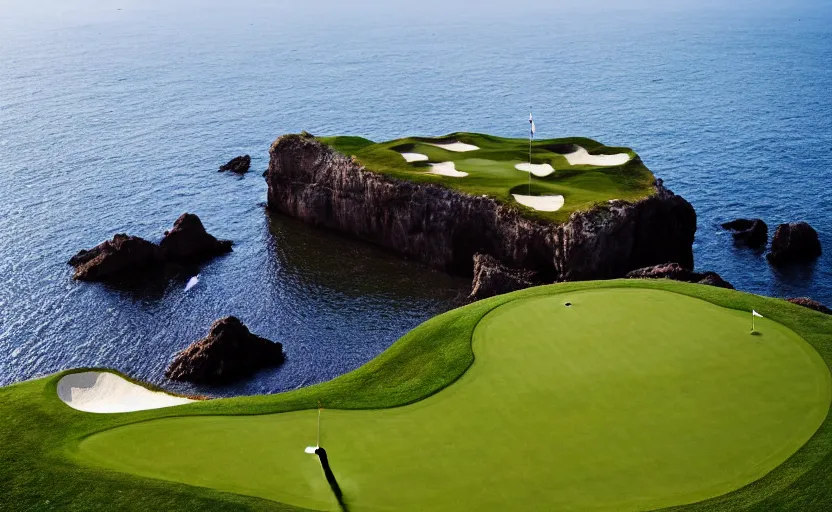 Image similar to a great photograph of the most amazing golf hole in the world, incredible light, cliffs by the sea, perfect green fairway, human perspective, ambient light, 5 0 mm, golf digest, top 1 0 0, fog