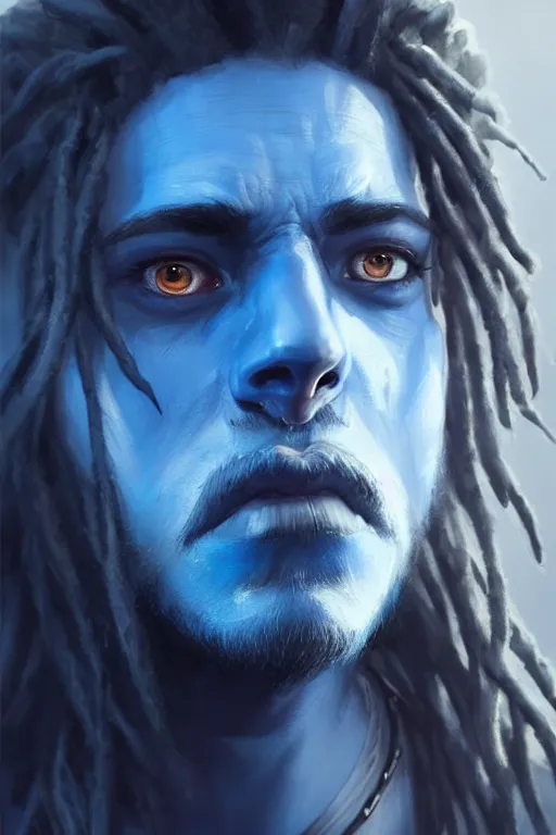 Image similar to portrait of a blue genasi with a square jaw from d & d by greg rutkowski, dreadlocks and small beard, runic rings, d & d character, blue, black background, highly detailed portrait, digital painting, artstation, concept art, smooth, sharp foccus ilustration, artstation hq