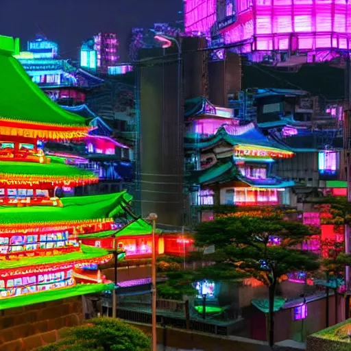 Prompt: a futuristic neon japan castle surrounded by an oasis of slums