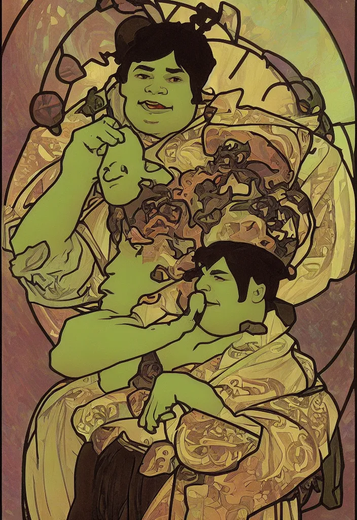 Image similar to yann lecun as shrek, in art style by alphonse mucha