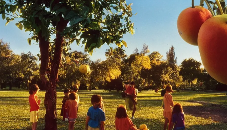 Prompt: 1990s candid photo of a beautiful day at the park, cinematic lighting, cinematic look, golden hour, large personified fruit people in the background, Enormous fruit people with friendly faces, kids talking to fruit people, UHD