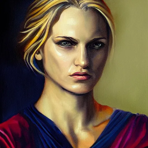 Image similar to samantha benge, a dnd fantasy, chiaroscuro devilish lighting, benge blonde woman perfect epic painting. official portrait, dnd character painting masterpiece. oil on canvas, chiaroscuro style realistic. restored face.