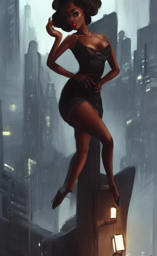Prompt: an attractive young Black woman, clothed like a 1940s femme fatale, intricate, elegant, highly detailed, digital painting, film noir lighting, Blade Runner city background, trending on artstation, concept art, smooth, sharp focus, illustration, art by artgerm and greg rutkowski and alphonse mucha