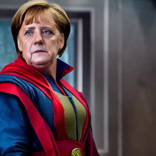 Prompt: angela merkel as dr. strange. movie still shot. detailed face. photo 8 k