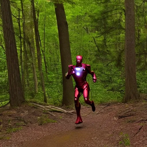 Prompt: trailcam footage of iron man running in the forest