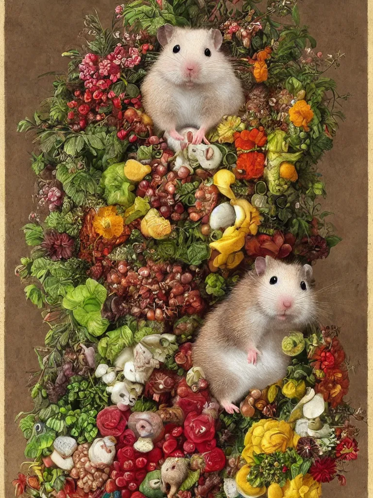 Image similar to Highly detailed cute hamster in the style of Guiseppe Arcimboldo, sharp, masterpiece, artstation