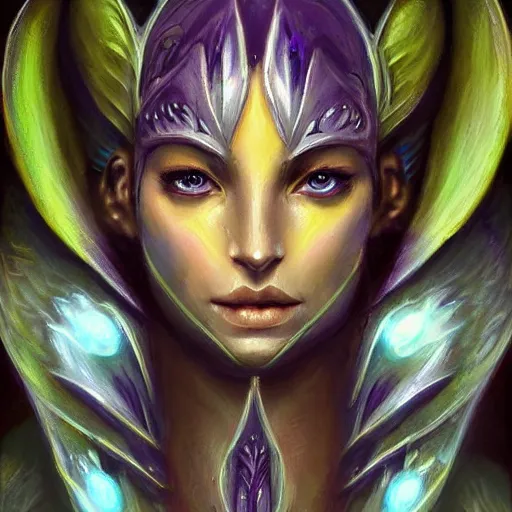 Image similar to Shoulder level close up portrait of a seraphim angel fused with wisp night elves from warcraft 3 , neo solar punk future future metaverse minimal intricate cyborg, sculpted technology tech techno angelic warrior by Mandy Jurgens, cartoon, oil painting , visionary art, symmetric, Heavenly symbols, holy halo, astral patterns, sci-fi