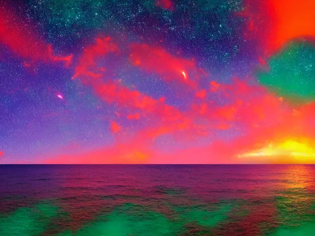 Image similar to purple nuclear bomb explosion, red sand beach, green ocean, nebula sunset