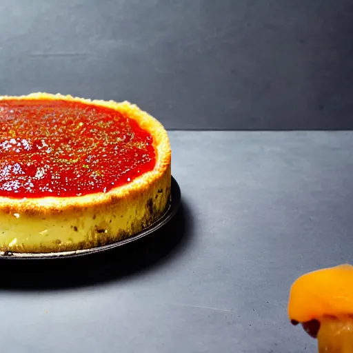 Image similar to A broccoli and raisin cheese cake, seasoned with red chilli pepper and apricot jam, high definition photography, 8k, food photography