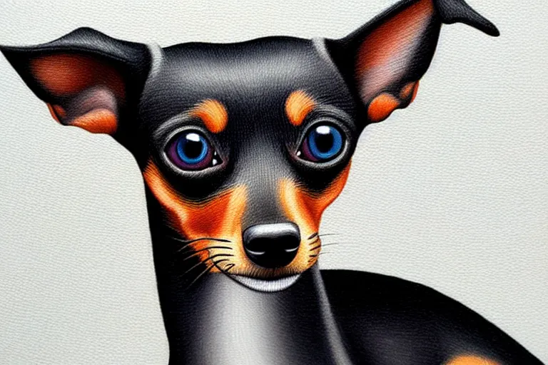 Prompt: detailed painting of a min pin dog by tim shumate