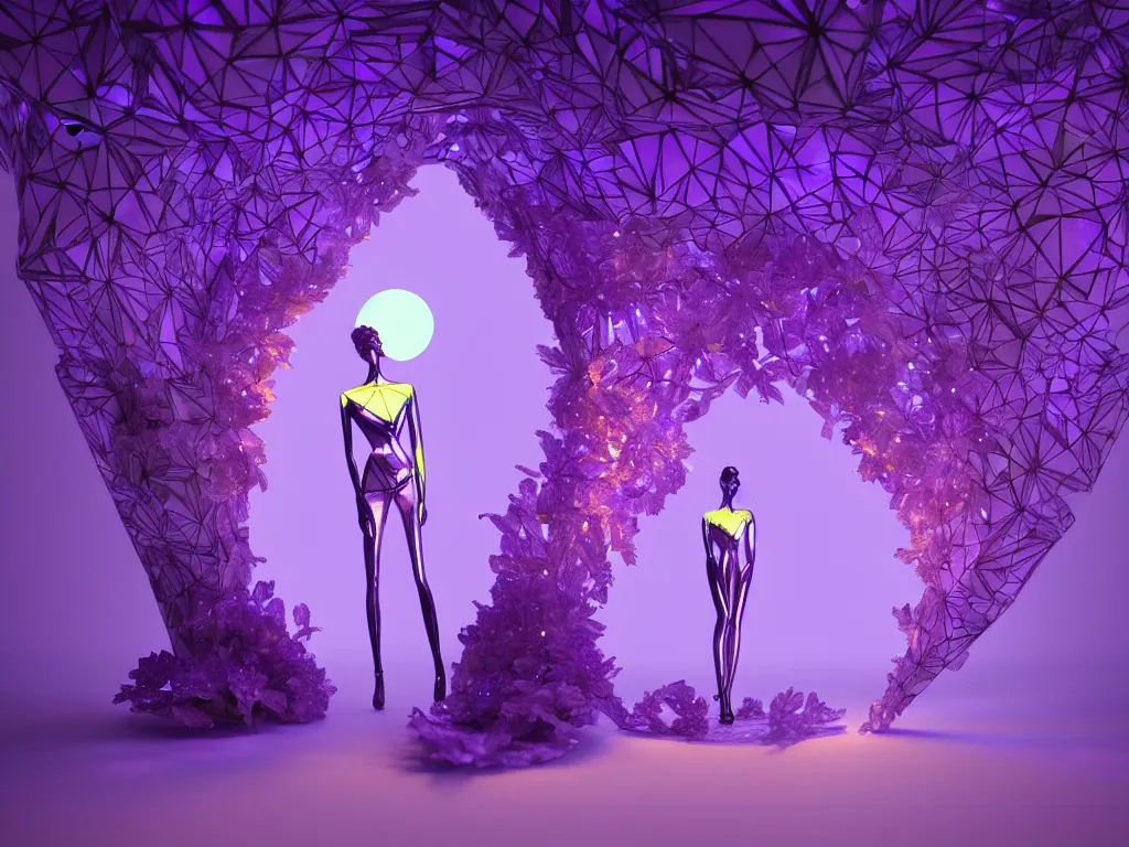 Image similar to beautiful mannequin sculpted out of amethyst by billelis + lit with 3 d geometric neon + facing a doorway opening with neon pink geometric fractal light + flowering hosta plants!!!, moon + city of los angeles in background!! dramatic, rule of thirds, award winning, 4 k, trending on artstation, photorealistic, volumetric lighting, octane render