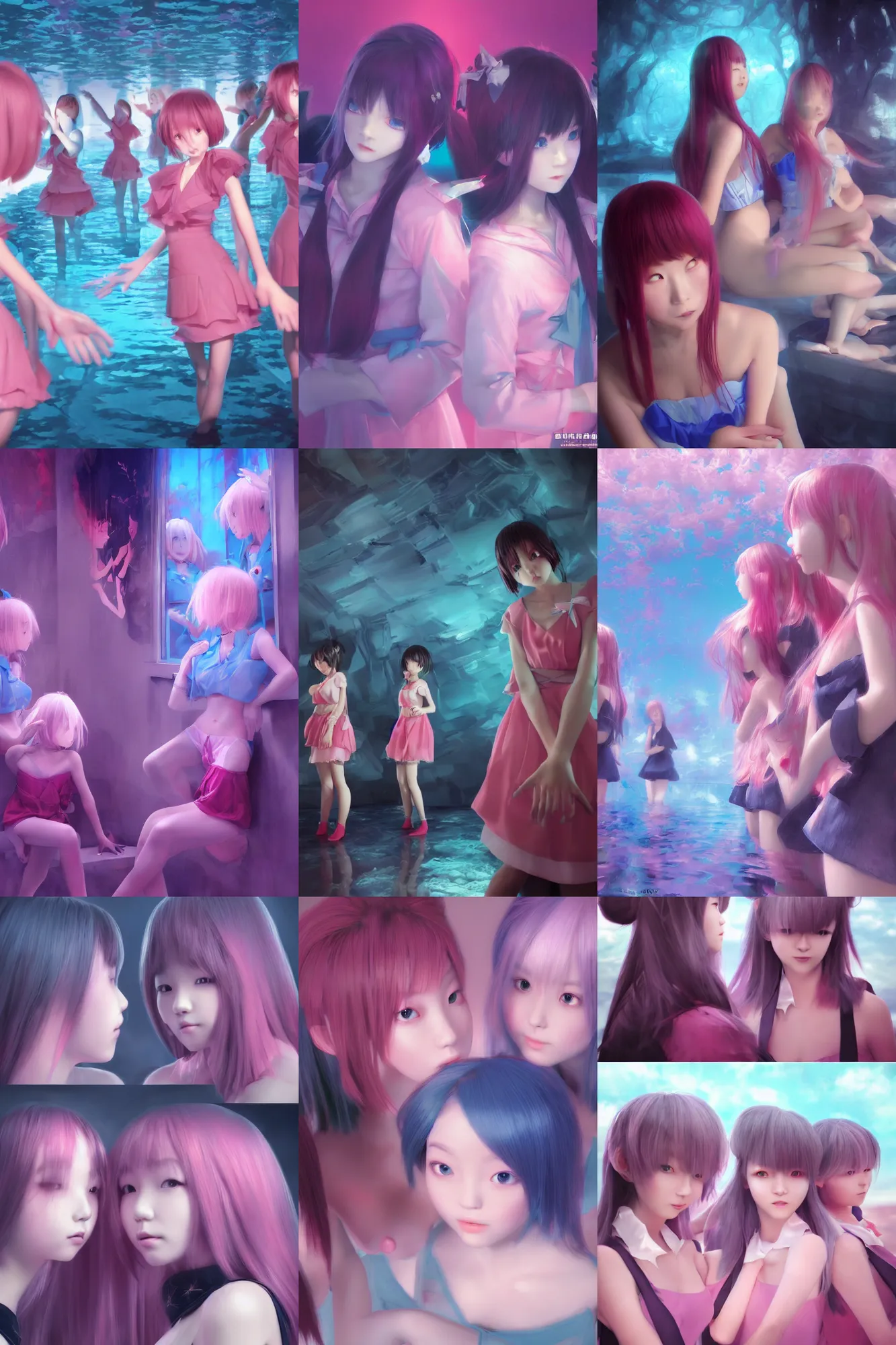 Image similar to 3d dark infrared octane render concept art by D. Jun, by Mo Xiang Tong Xiu, by Igarashi Daisuke, beauty portrait anime schoolgirls under dark pink and blue water. cute face. complex mirror room. dramatic light, trending on artstation.