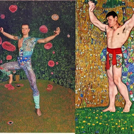 Image similar to a masterpiece full body portrait of jean Claude van Damme doing martial arts in an enchanted mushroom forest, by gustav klimt and nobuyoshi araki and Salvador dali and Leonardo da Vinci