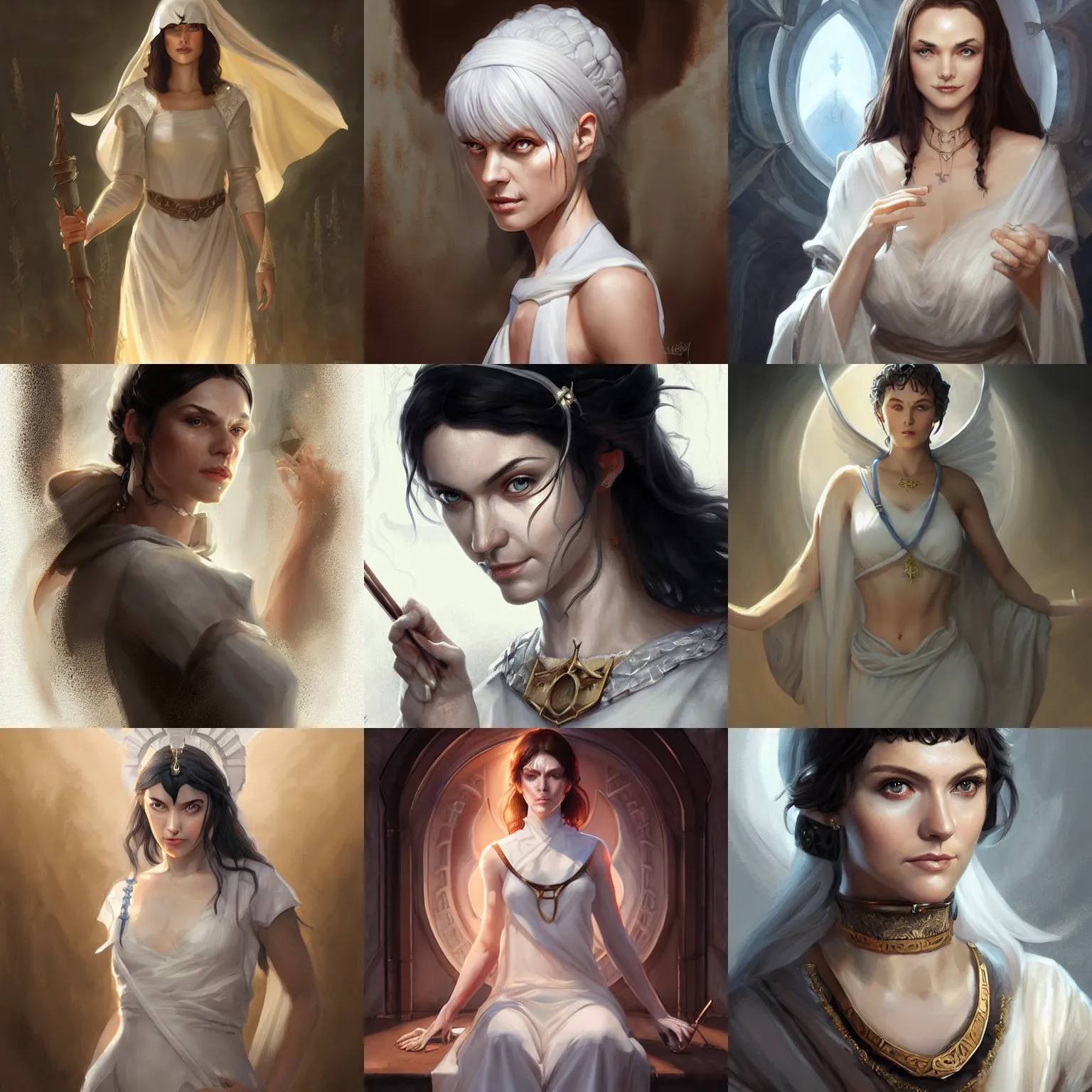 Prompt: hestia, helen mcrory, hearth goddess, white tunic, d & d, fantasy, portrait, highly detailed, digital painting, trending on artstation, concept art, sharp focus, illustration, art by artgerm and greg rutkowski and magali villeneuve