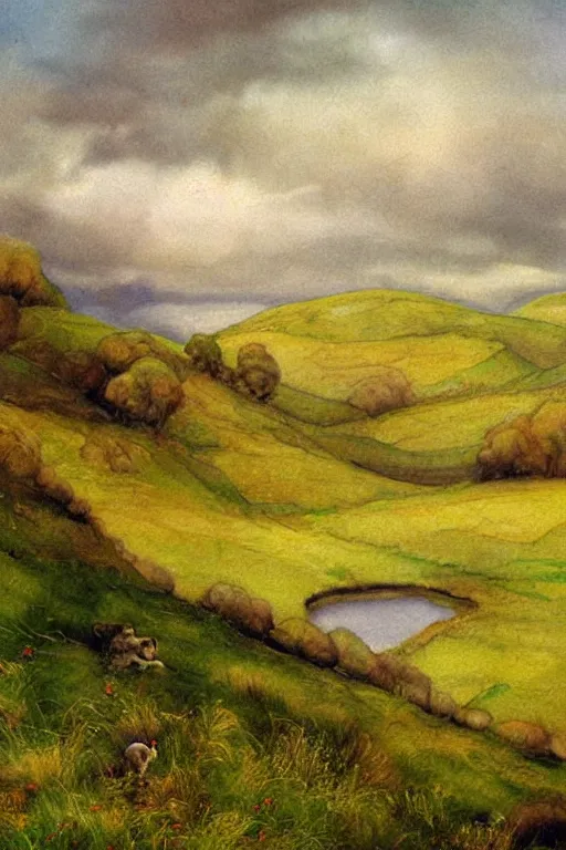Prompt: digital painting detailed serene hilly grassy scottish highlands candy sky by arthur hughes